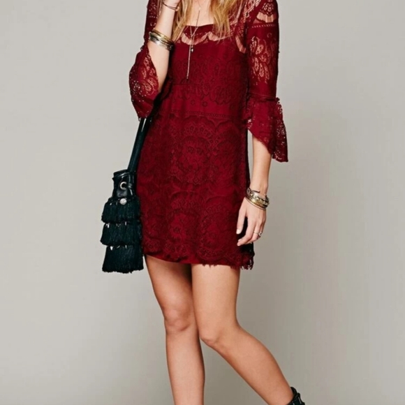 Free People Dresses & Skirts - Free People Square Neck Ruffle Eyelash Lace Wine Red Dress XS